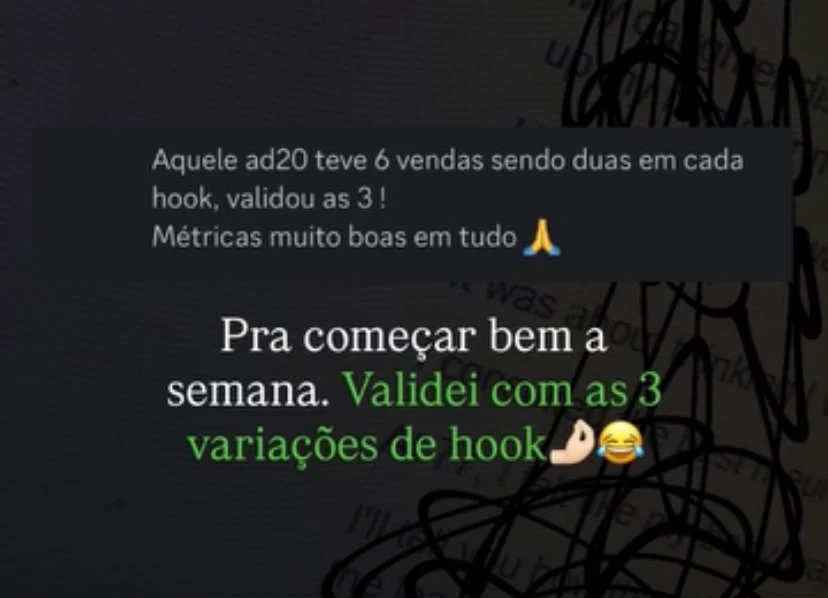 Mensagem de um parceiro: aquele anúncio 20 teve 6 vendas, duas em cada hook, e validou as 3 variações de hook.