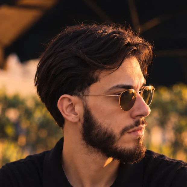 Rubstein Dias de perfil, de óculos de aviador, olhando para o lado ao pôr do sol